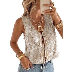 Y2K Cream Beaded Paillette Sequin Boho Tie Top XS